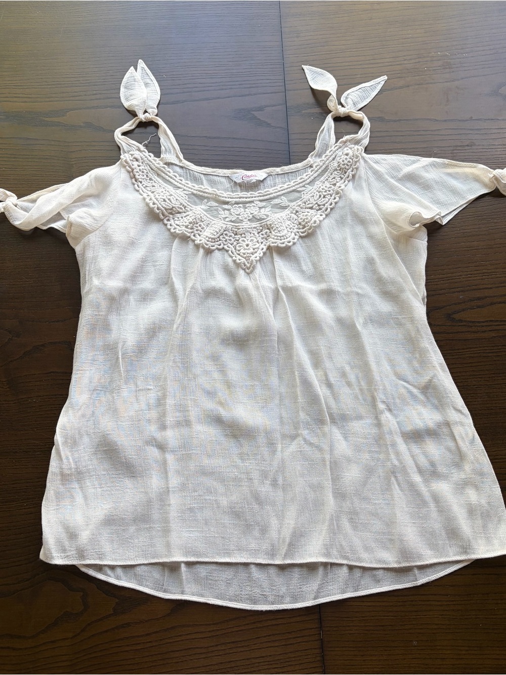 Candie’s Cream Blouse with Tie Sleeves and Crochet Floral Neckline